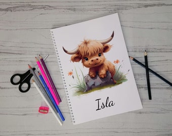 Carnet de notes personnalisé Vache veau des Highlands : journal ligné A5