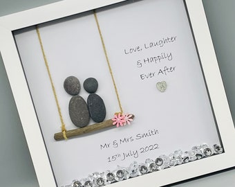 Personalized wedding pebble picture - Just married, gift for the couple - Framed pebble art, wedding gift keepsake