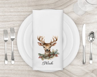 Reindeer personalised napkins, Chritsmas table decor. Re-usable named napkins, Material Christmas napkins
