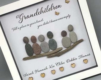 Photo de galets de petits-enfants, cadre de boîte d'ombre de cadeau personnalisé, cadeau de fête des mères pour maman, anniversaire, fête des pères, cadeau de grands-parents