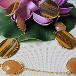Orange Aventurine & Tiger Eye Octagon Coin Necklace 36&quot; N7