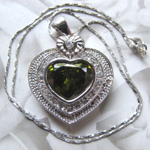 Heart Shaped Olive Quartz and White Sapphire Stamped 925 Sterling Silver Pendant with Chain SSN&P6