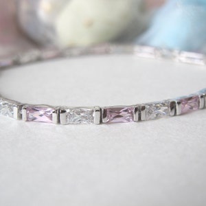 Created Pink & White Sapphire With White Gold Plated 925 Sterling Silver Bracelet SSB1