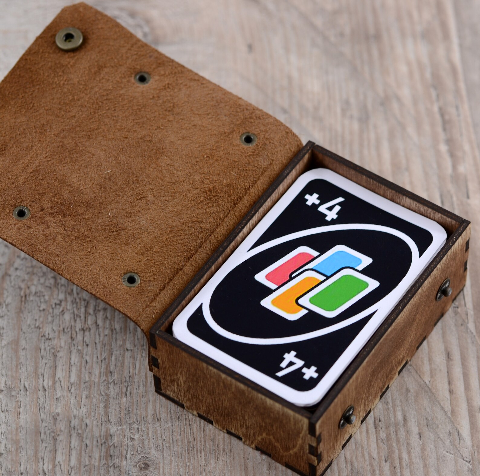Personalized UNO card holder box Leather and wooden box for Etsy