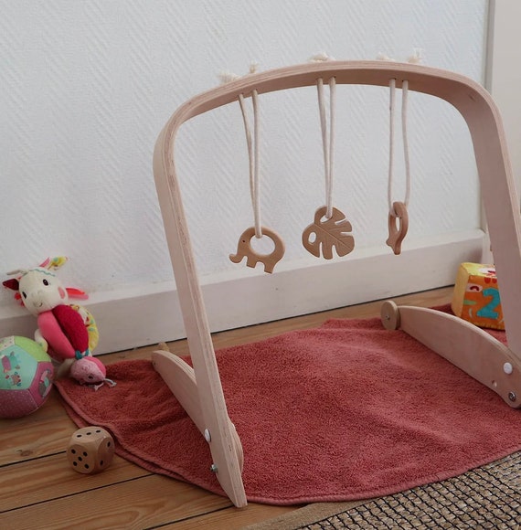 GOPLUS Portique d'Eveil Bebe Pliable en Bois, avec 3 Anneaux de