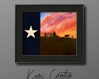 Longhorn at sunset on a Texas flag