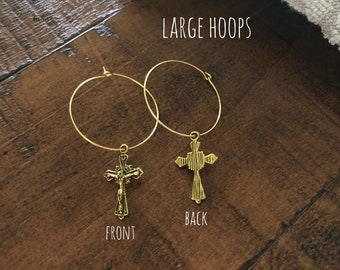 Hoop Earrings, Gold Crucifix