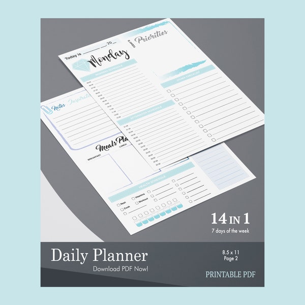 Weekly Daily Planner Seven Days of the Week Organizer Planner Agenda Printable PDF Instant Download