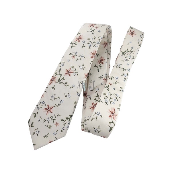 Floral Cream Cotton Skinny Tie - Floral Neckties