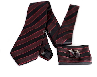 Black and Red Stripe Tie and Pocket Square Set - Black and Red Stripe Bow Tie Set - Striped Neckties