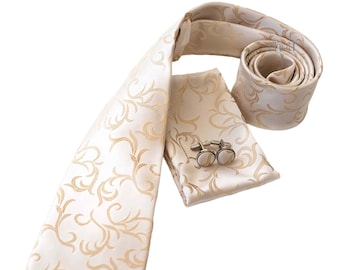 Champagne Gold Vine Tie and Pocket Square Set - Champagne Wedding Ties - Champagne Necktie