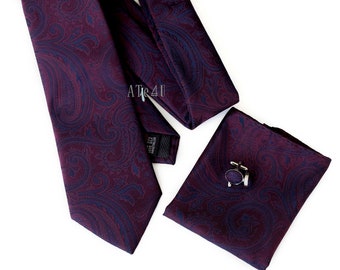 Burgundy and Blue Paisley Tie and Pocket Square Set - Burgundy Neckties - Burgundy Ties for Weddings