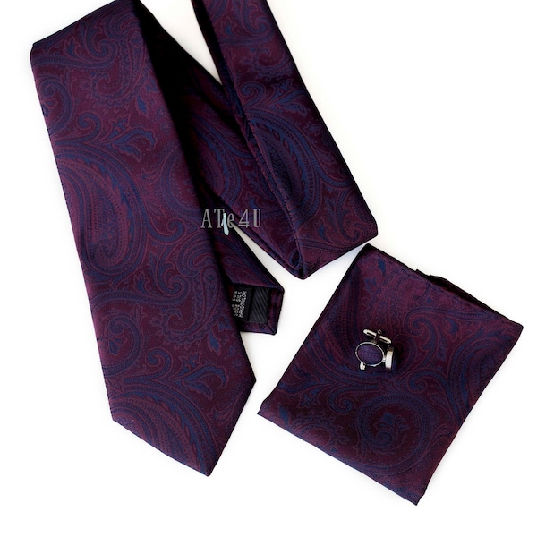 Burgundy and Blue Paisley Tie and Pocket Square Set - Burgundy Neckties - Burgundy Ties for Weddings