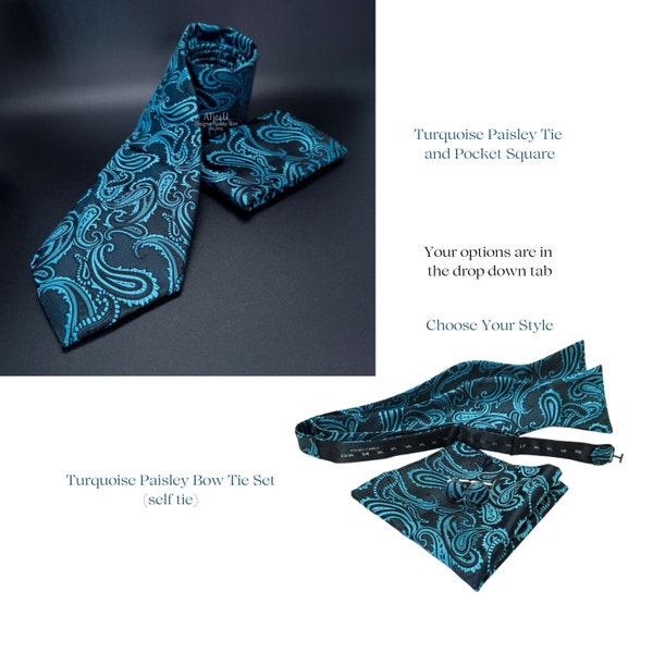 Turquoise Paisley Tie and Pocket Square Set - Turquoise Paisley Bow Tie and Pocket Square. Groom and Groomsmen Ties - Anniversary Neckties