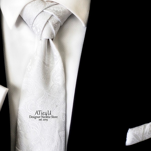 White Wedding Tie and Pocket Square Set - White Groom and Groomsmen Ties, White Ties For Weddings