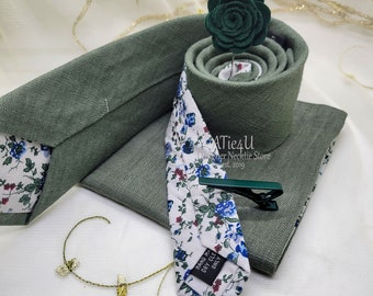 Sage Green Floral Cotton Tie and Pocket Square Set - Sage Green Floral Cotton Bow Tie Set - Elegant Handcrafted Cotton Accessories