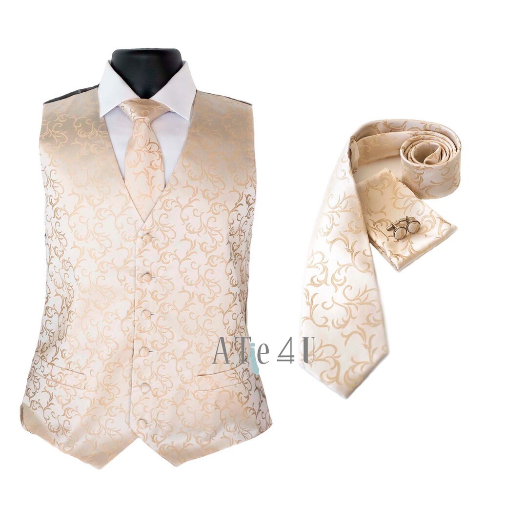 Mens Formal Vests, Champagne Gold Vine Vest, Champagne Gold Vine Tie and Pocket Square, Wedding