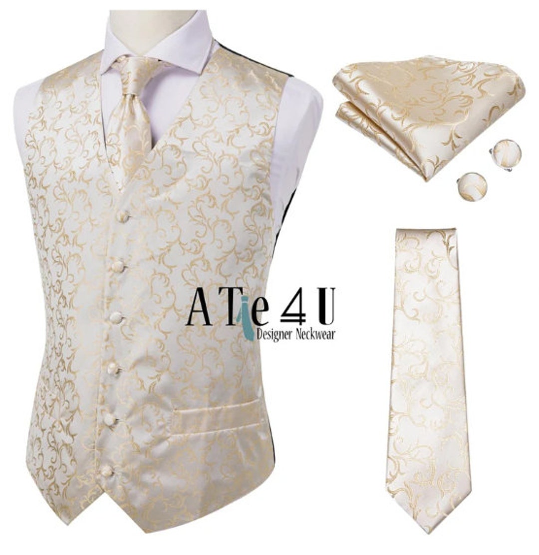 Mens Formal Vests, Champagne Gold Vine Vest, Champagne Gold Vine Tie and Pocket Square, Wedding