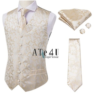 Mens Formal Vests, Champagne Gold Vine Vest, Champagne Gold Vine Tie and Pocket Square, Wedding Tie Set