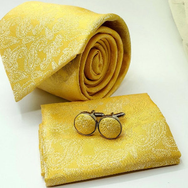 Conjunto de corbata y pañuelo de bolsillo Paisley amarillo - Corbatas amarillas