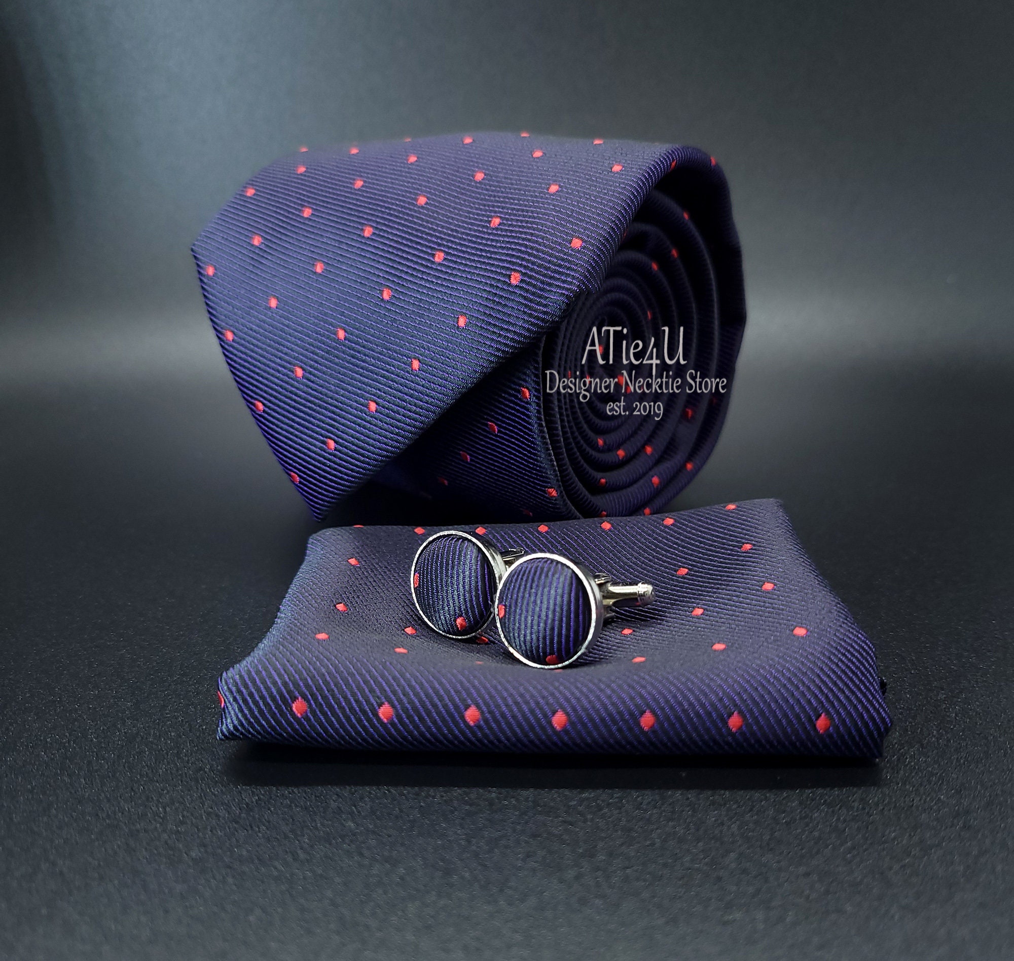 Navy Blue and Red Dots Tie and Pocket Square Groom Wedding - Etsy