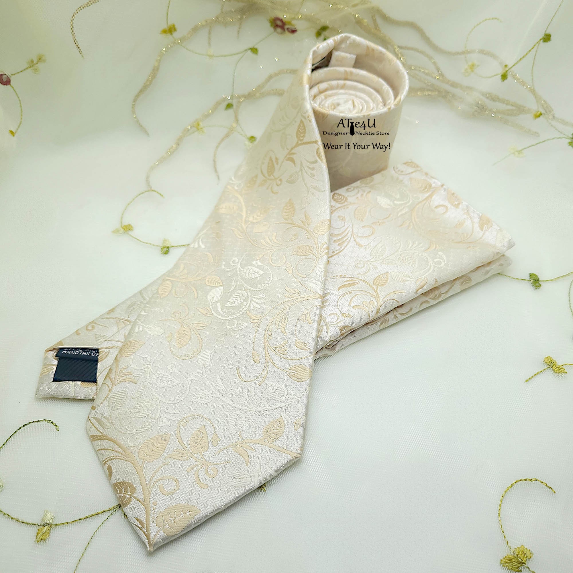Champagne Gold Floral Tie and Pocket Square Champagne Wedding Etsy