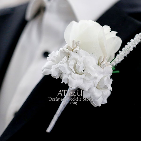 White Wedding Boutonniere Pin, White Rose, Flower Lapel, Floral Suit Accessories