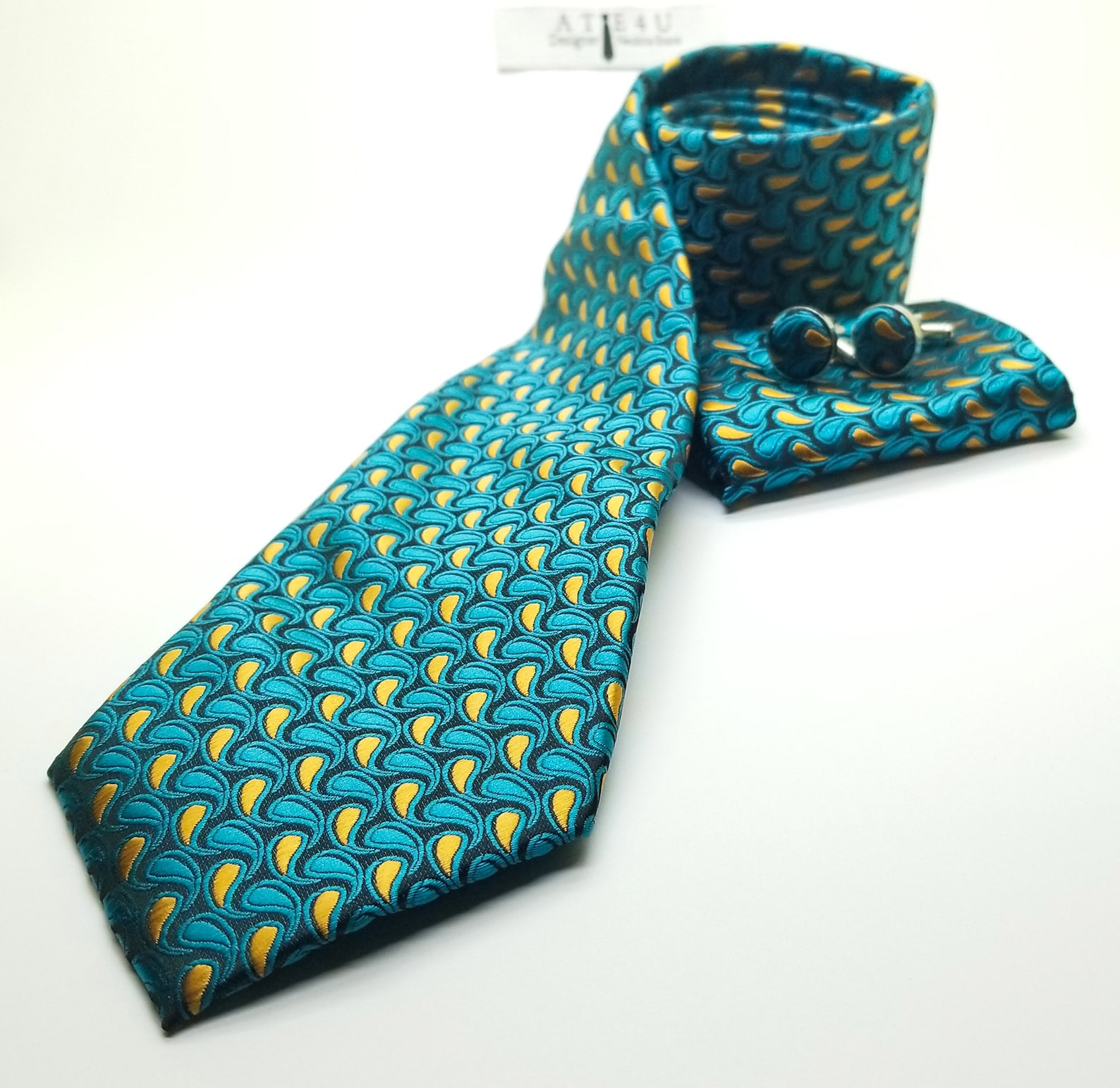 Men's Teal Green and Gold Tie and Pocket Square Set Teal Etsy