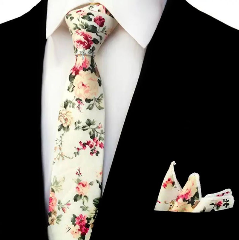 Floral Cotton Skinny Tie and Pocket Square, Floral Tie and Hanky