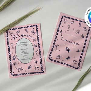 Handgetekende bruiloftsmenusjabloon, grillige krabbelillustratie, leuk bruiloftsdinermenu, bewerkbaar, direct downloaden