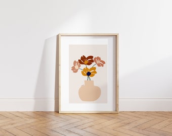 Art abstrait de mur de poterie, illustration de fleurs, illustration faite à la main, impression de mur, taille A4, impression de fleur, décor de mur, affiche