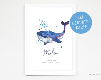 Whale, birth poster, birth picture, birth announcement, watercolor, A4 print, customizable, including birth card