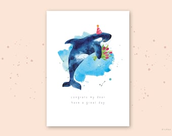 Postkarte Orca "Congrats my dear", Geburtstag, Glückwunsch, Freundschaft