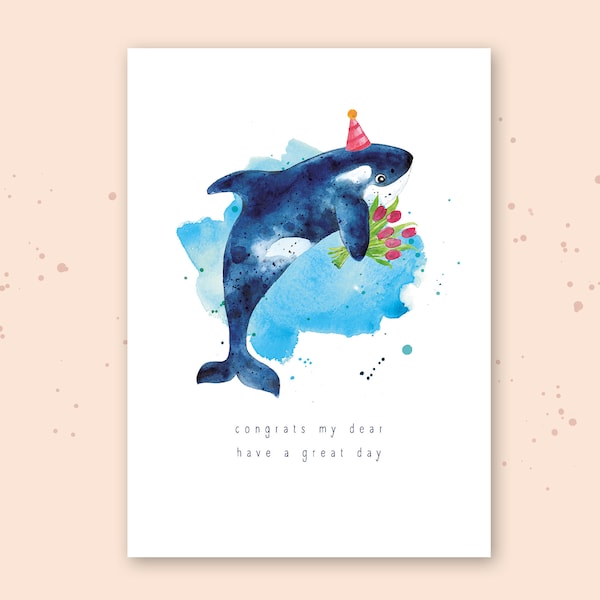 Postkarte Orca "Congrats my dear", Geburtstag, Glückwunsch, Freundschaft