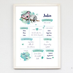 Milestone Poster Koala 1st Birthday Milestone Picture Girl Boy Watercolor A4 Print Customizable