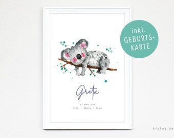 Koala, birth poster, birth picture, birth announcement, watercolor, A4 print, customizable, incl. birth card