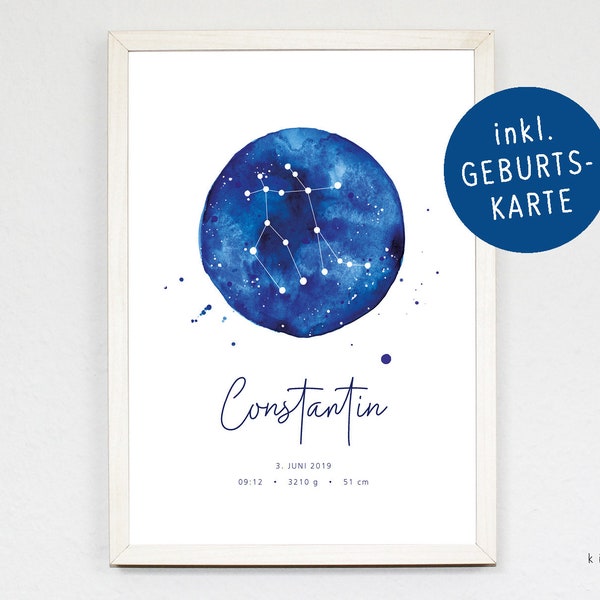 Gemini / Gemini constellation, zodiac sign, birth poster, birth picture, watercolor, A4 print, customizable, including birth card