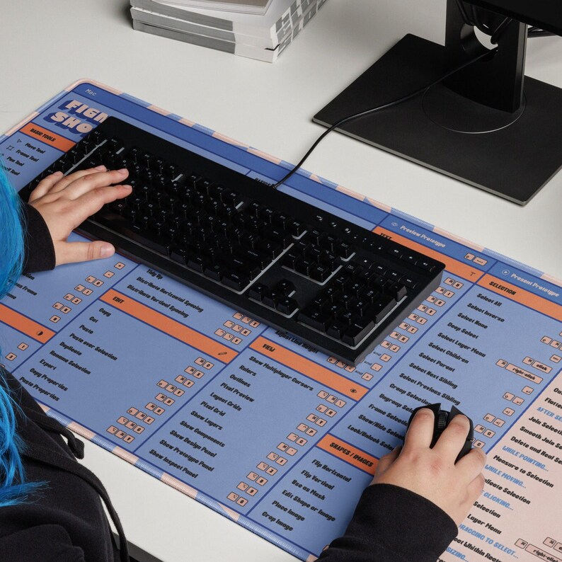 May include: A blue and orange computer mouse pad with a keyboard and mouse. The pad has a layout of commands and shortcuts. The keyboard is black, and the mouse is black. The pad is rectangular.