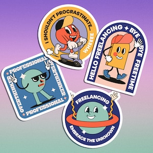 Freelance Stickers Gift for Designers Sticker Gift for Freelancer Retro Stickers Gift 90s Vintage Characters Cartoon Funny Quotes Stickers