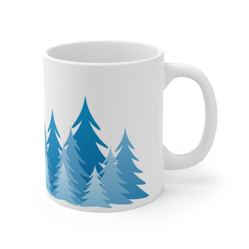 Pine tree forest silhouette coffee mug with minimalist blue fir and evergreen tree design printed on a BPA free and Lead Free 11 oz coffee Mug, ideal gift for the nature lover