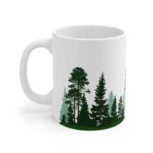 Pine tree forest design ceramic coffee mug 11oz BPA and LEAD free Dishwasher and Microwave Safe. Custom artwork mugs by Natural Earth Emporium.