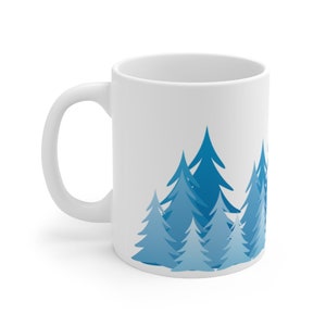 Pine tree forest silhouette coffee mug with minimalist blue fir and evergreen tree design printed on a BPA free and Lead Free 11 oz coffee Mug, ideal gift for the nature lover