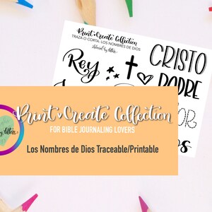 Pode incluir: Uma folha imprimível com as palavras "Print Create Collection" e "Los Nombres de Dios Traceable/Printable" em texto preto sobre um fundo laranja claro. A folha apresenta uma variedade de nomes de Deus em espanhol, incluindo "Rey", "Cristo" e "Padre", escritos em uma fonte de escrita decorativa. Os nomes são cercados por estrelas, uma cruz e um coração.