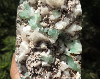 Op de afbeelding: Een ruw mineraal specimen met witte en doorschijnende groene kristallen, ingebed in een grijze en bruine matrix. Het oppervlak is getextureerd. Het specimen wordt in een hand gehouden.