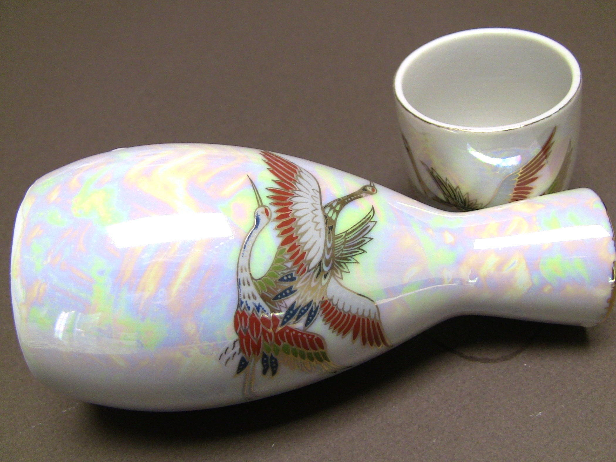 Made in Japan Sake bottle with two cups iridescent detailed Etsy
