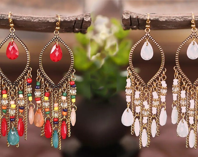 Red or White Beaded Boho Dangle Earrings