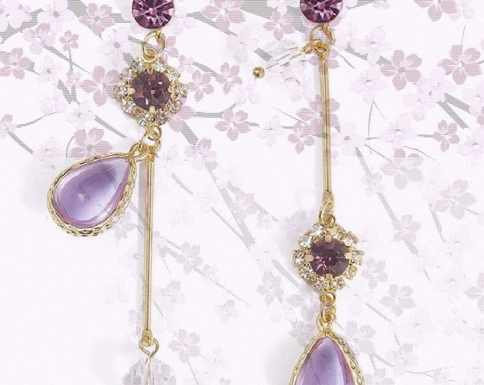Purple Crystal Pendant Assimetrical drop earrings