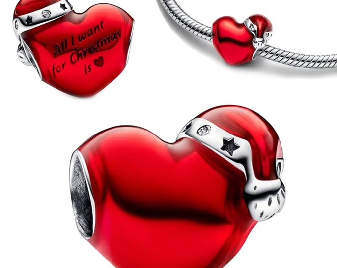 Silver and red Christmas heart charm for bracelet