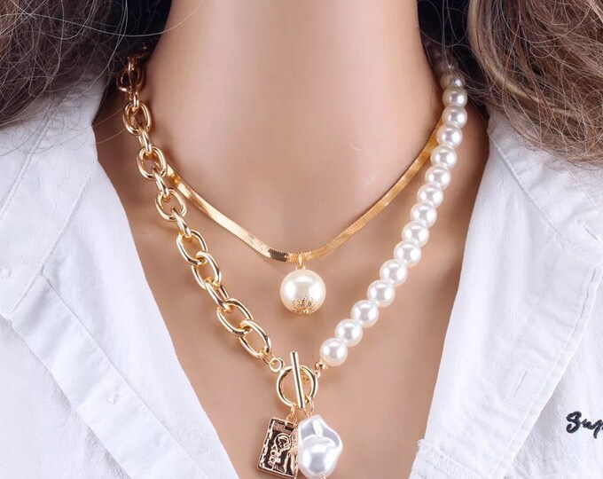 Simulated Pearl Choker and Gold Chain neckless