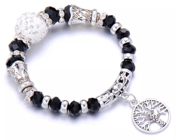 Black and white beads Tree of Life Charm Bracelets.